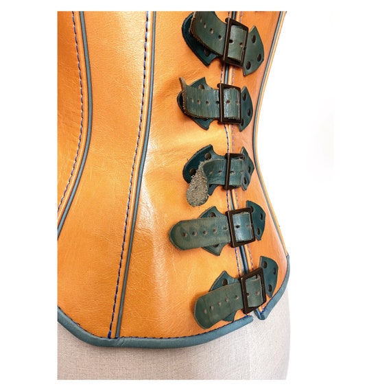 Bespoke tan leather corset with blue buckles. Fet… - image 4