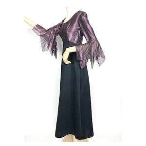 70s vintage evening maxi dress with hanky sleeves. Black dress with purple lurex upper. M