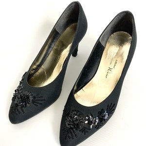 Vintage Black Beaded Court Shoes: Embroidered Fabric Pumps (6.5UK 40EU)