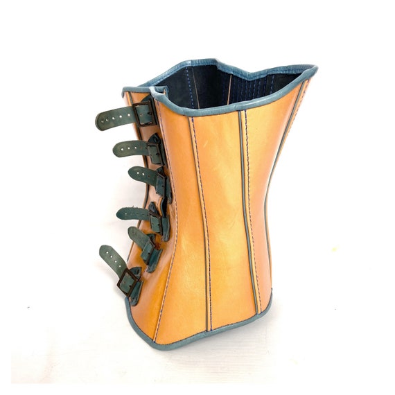 Bespoke tan leather corset with blue buckles. Fet… - image 5