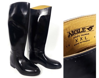 Vintage equestrian black riding boots by Aigle. French high rubber boots. Coupe Saumur 18 1 XXL. 37EU 4UK