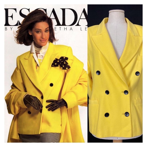 80s bright yellow double breasted blazer jacket b… - image 2