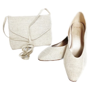 80s vintage linen court shoes and shoulder bag set by Clarks.