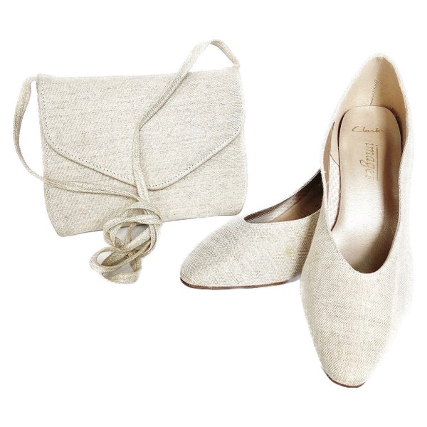 80s vintage linen court shoes and shoulder bag set by Clarks.