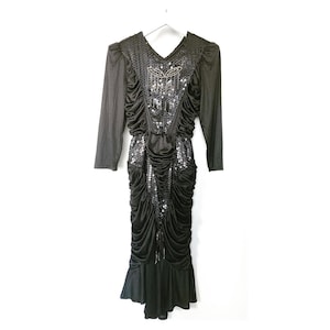 80s vintage long sleve embellished party dress. Kitsch ruched sequinned black dress. S