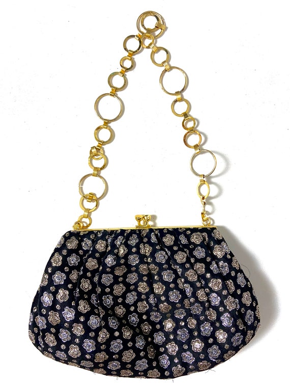70s vintage lurex bag. Black and gold metallic fa… - image 2