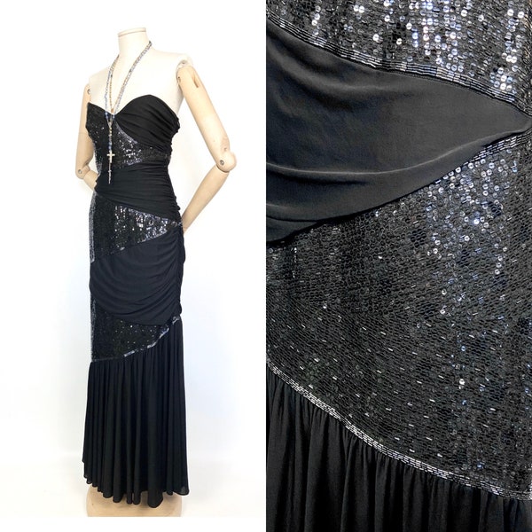 Tom Bowker for Coterie black strapless corset dress. Glam rock evening beaded maxi. M 38"