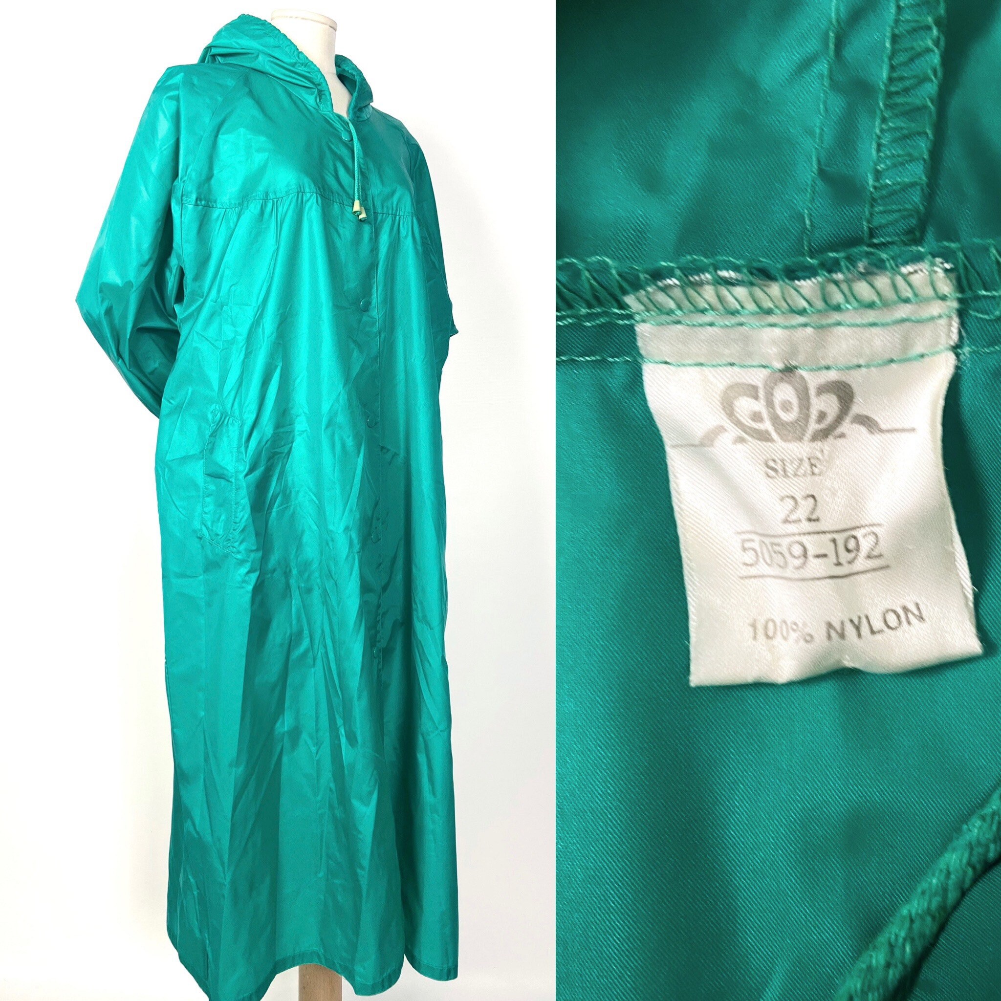 Image of Bright Green S Vintage Raincoat. Hooded Waterproof Coat. Stylish Heel Style. Student Fashion. Plus Size