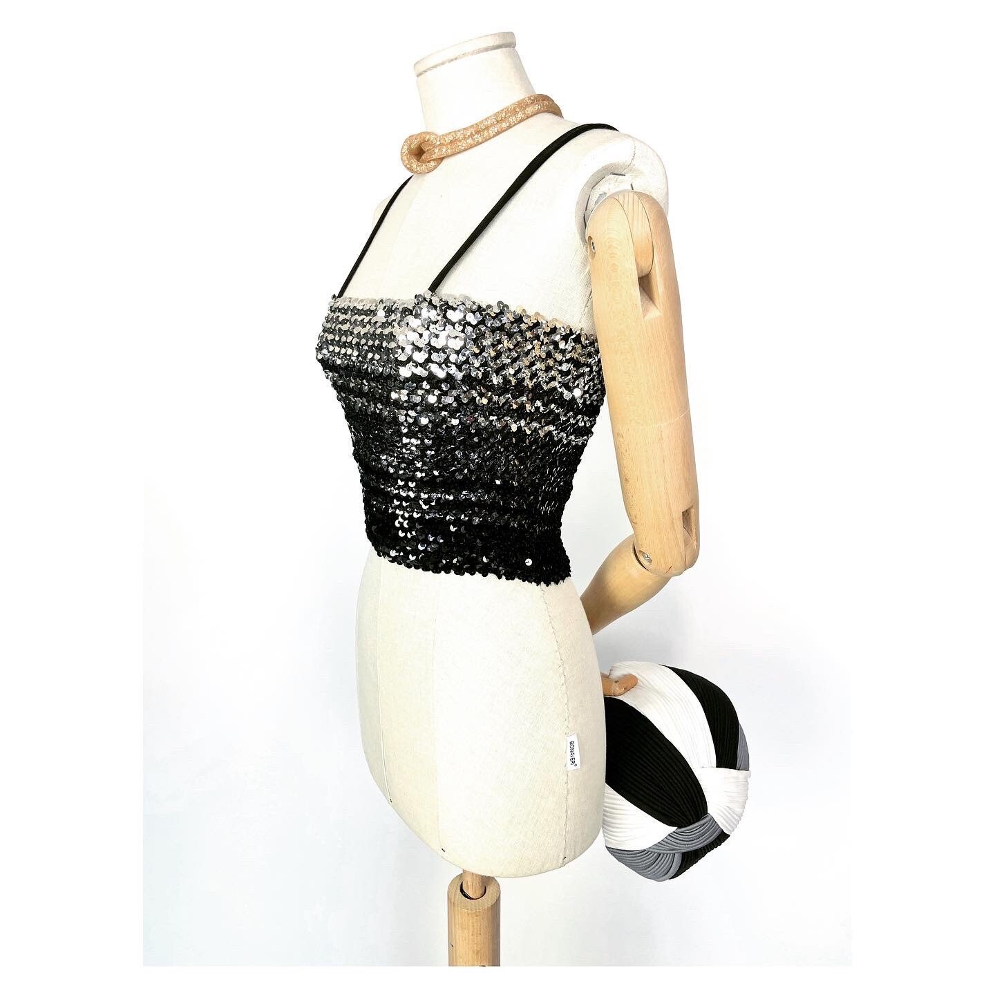 Image of Authentic S Bandeau Rube Top in Silver & Black Sequins. Disco Funk Diva Top. Party Cropped Sequinned Sparkly Tube S