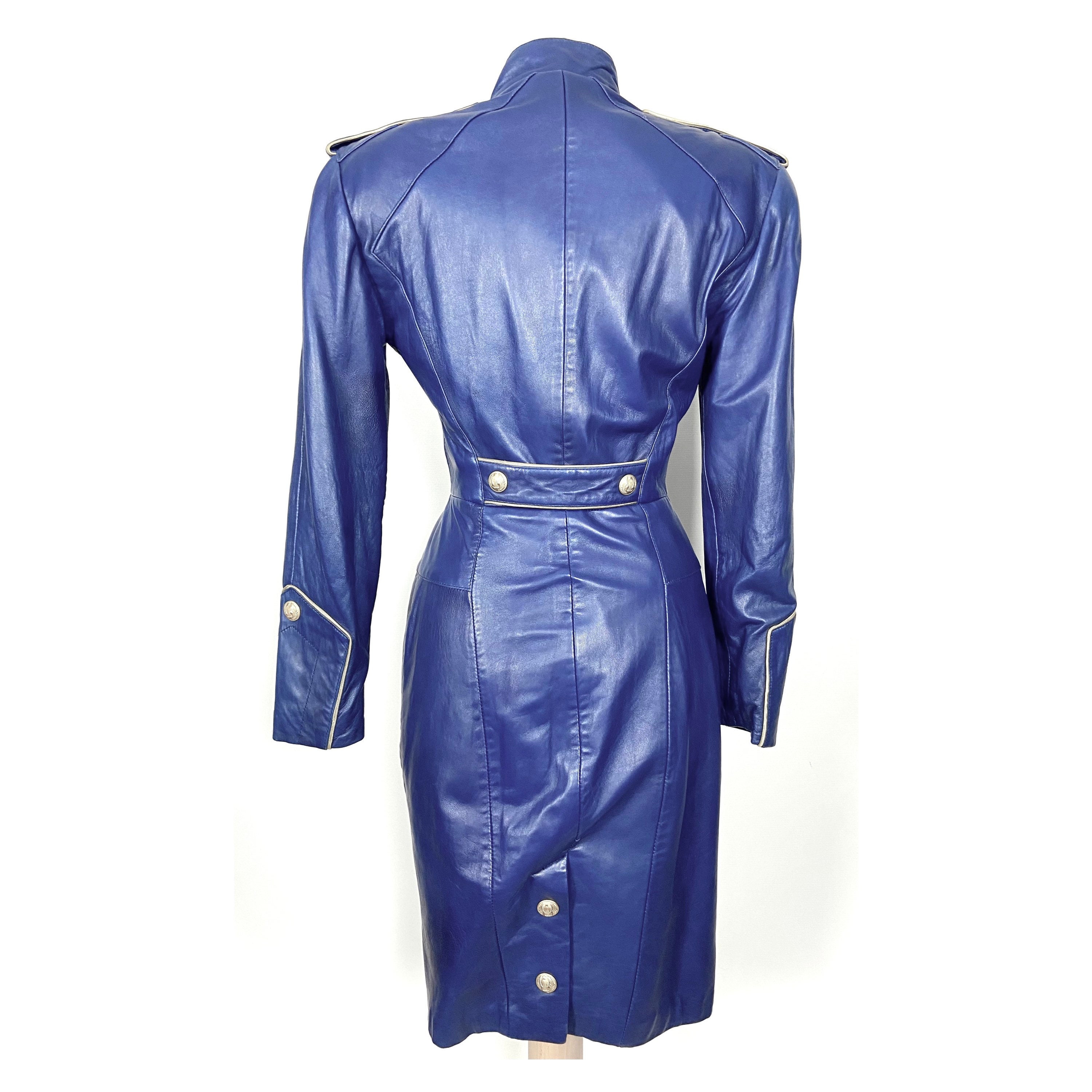 Military Michael Hoban Leather Dress Michael Hoban 1980's North Beach  Leather Purple Blue Moto Dress With