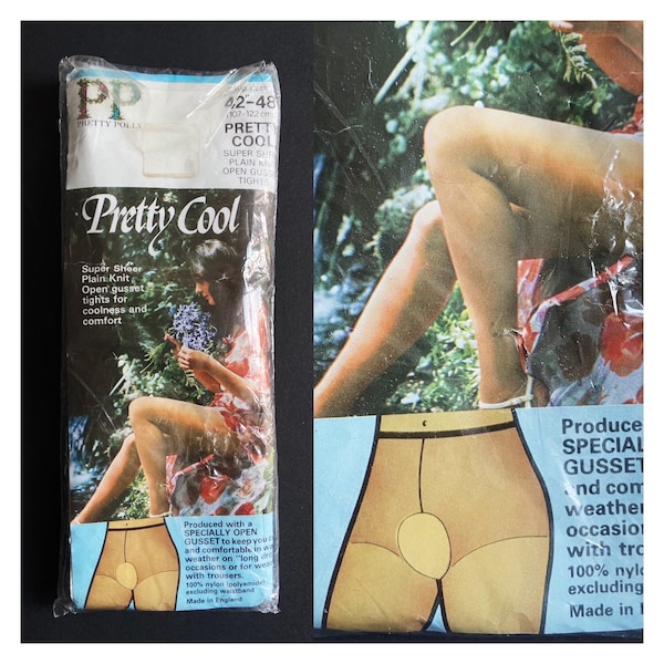 70s vintage Pretty Polly Pretty Cool sheer tights with open gusset 42-48”