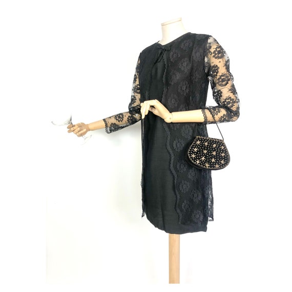 60s vintage little black dress with lace sleeves … - image 3