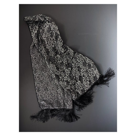 Vintage silver lurex lace scarf with black fringi… - image 2