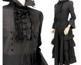 Victorian style black four tier maxi dress ruffled mourning jabot neckline S