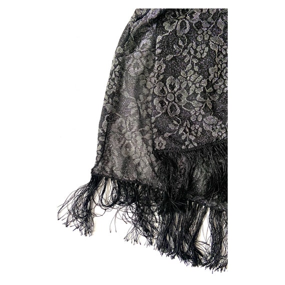 Vintage silver lurex lace scarf with black fringi… - image 6