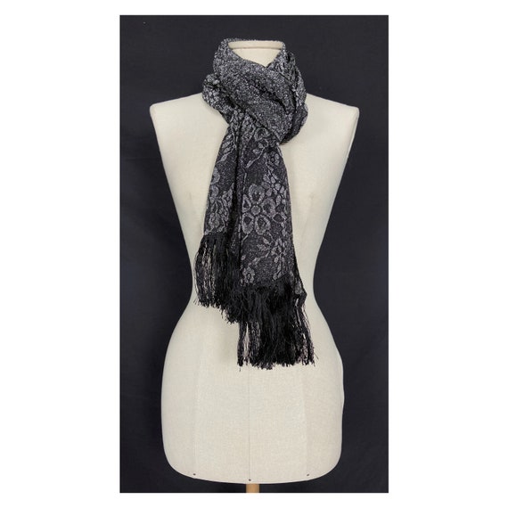 Vintage silver lurex lace scarf with black fringi… - image 8