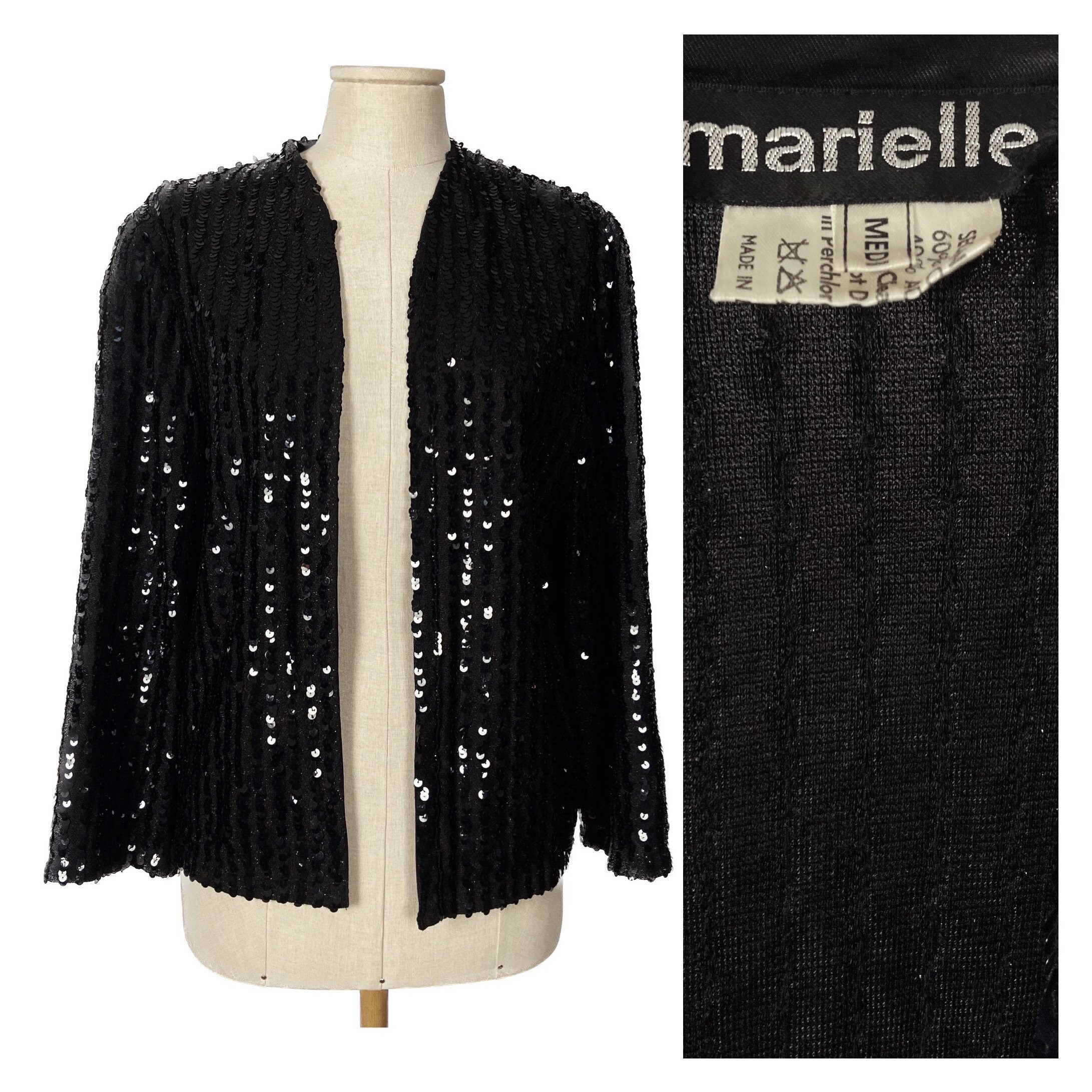 70s Vintage Black Sequinned Blazer Top by Marielle. Sparkly Black