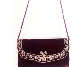Vintage 70s burgundy red velvet bag. Embroidered evening purse bag with corded strap.