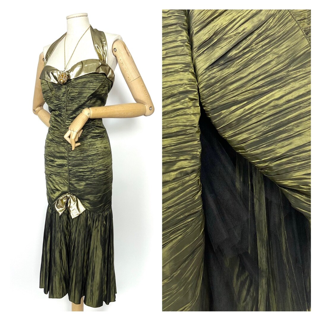 Vintage Olive Green One-Shoulder Feather Trim Evening Dress DP8078