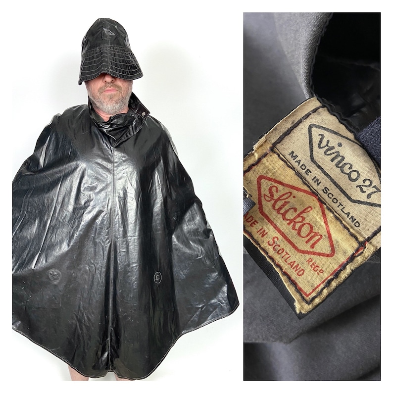 1930s Vinco 27 Black Oilskin Cyclist Cape and a Hat. Vintage Etsy UK