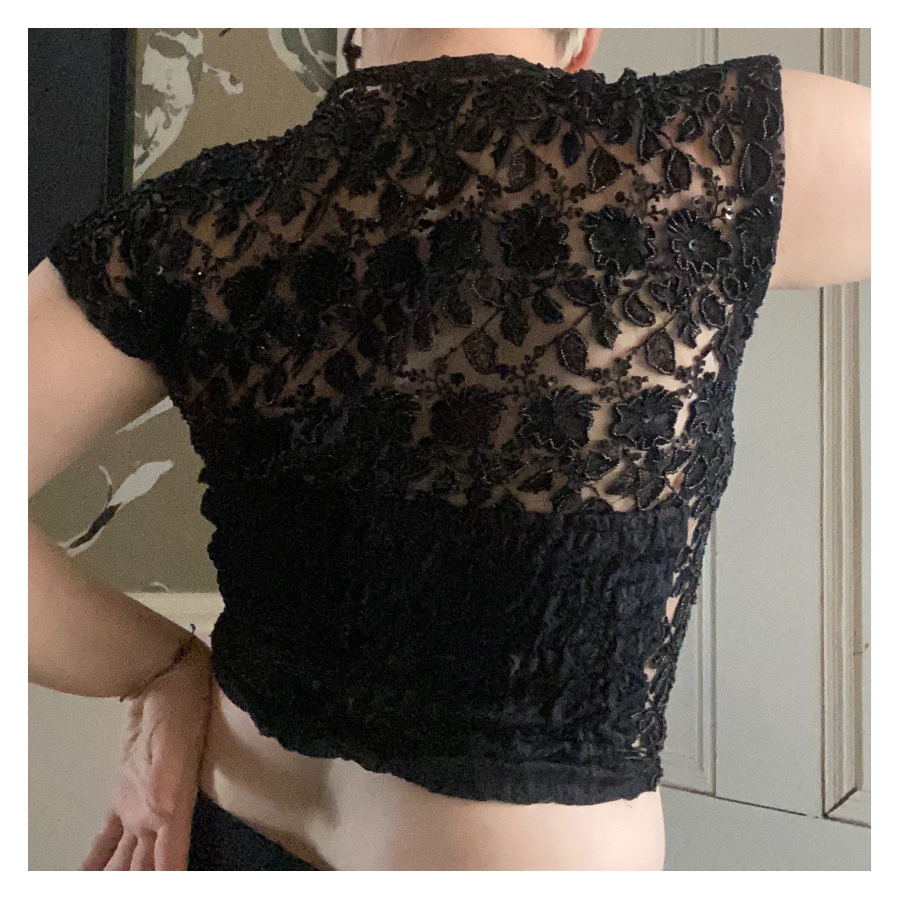 入荷now 口コミ Embellished Vintage Shirt Top Bustier Lace Black Sleeve トップス