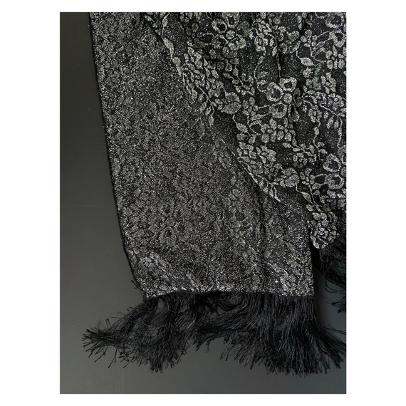 Vintage silver lurex lace scarf with black fringi… - image 3