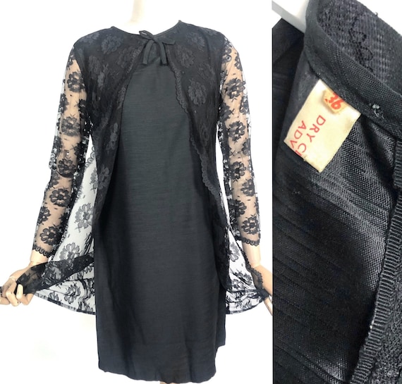60s vintage little black dress with lace sleeves … - image 1