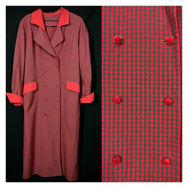 Robe chemise à carreaux vintage des années 80. Robe croisée en coton rouge et verte. Robe de fête. M 14UK