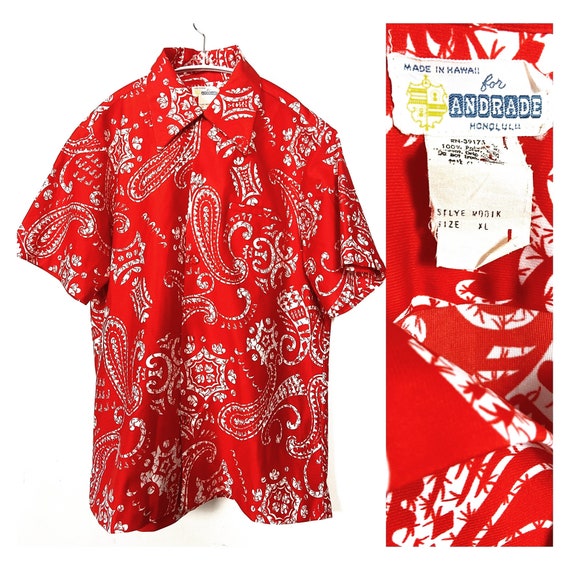 Camicia hawaiana vintage anni 60 rossa e bianca di Andrade