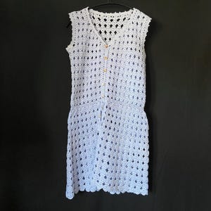 60s 70s vintage light blue crochet mini dress. MOD Go-Go summer sleeveless dress M