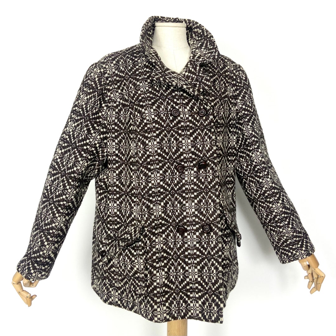 70s Vintage Brown Tweed Jacket: Geometric Pattern, Double Breasted ...