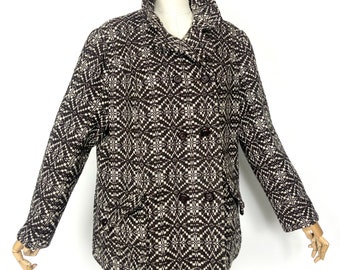 70s Vintage Brown Tweed Jacket: Geometric Pattern, Double Breasted (14UK M/L)