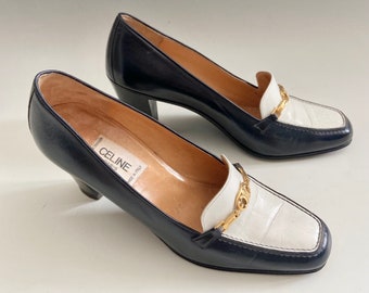 80s vintage Celine navy blue and white leather loafers with gold chain 37EU 4UK