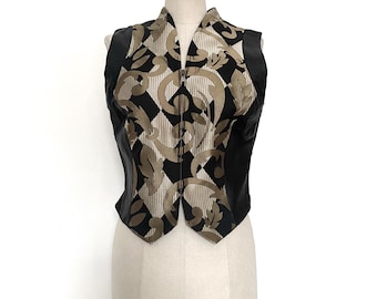 Vintage leather and gold brocade zipped vest by Tapp, 10-12UK