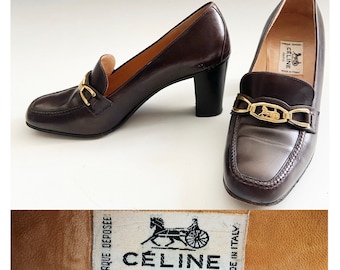 Vintage Celine brown leather loafers with gold horse carraige chain 36.5EU 3.5UK
