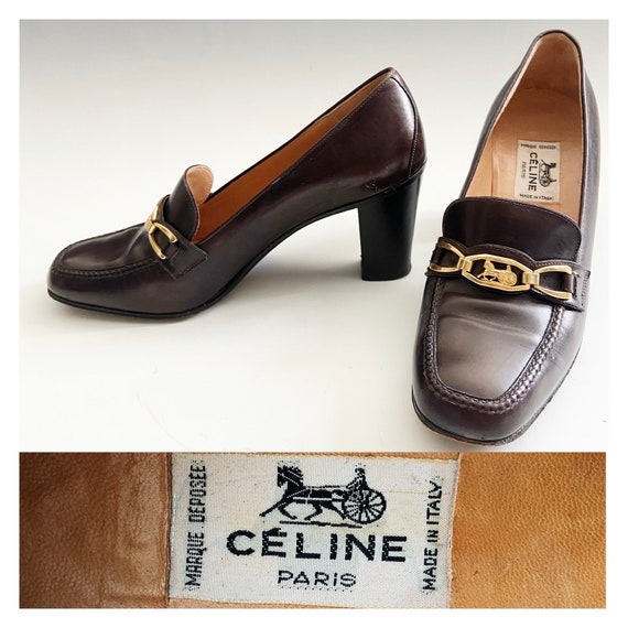 Vintage Celine Brown Leather Loafers With Gold Horse Carraige Chain 36.5EU 3.5UK Etsy