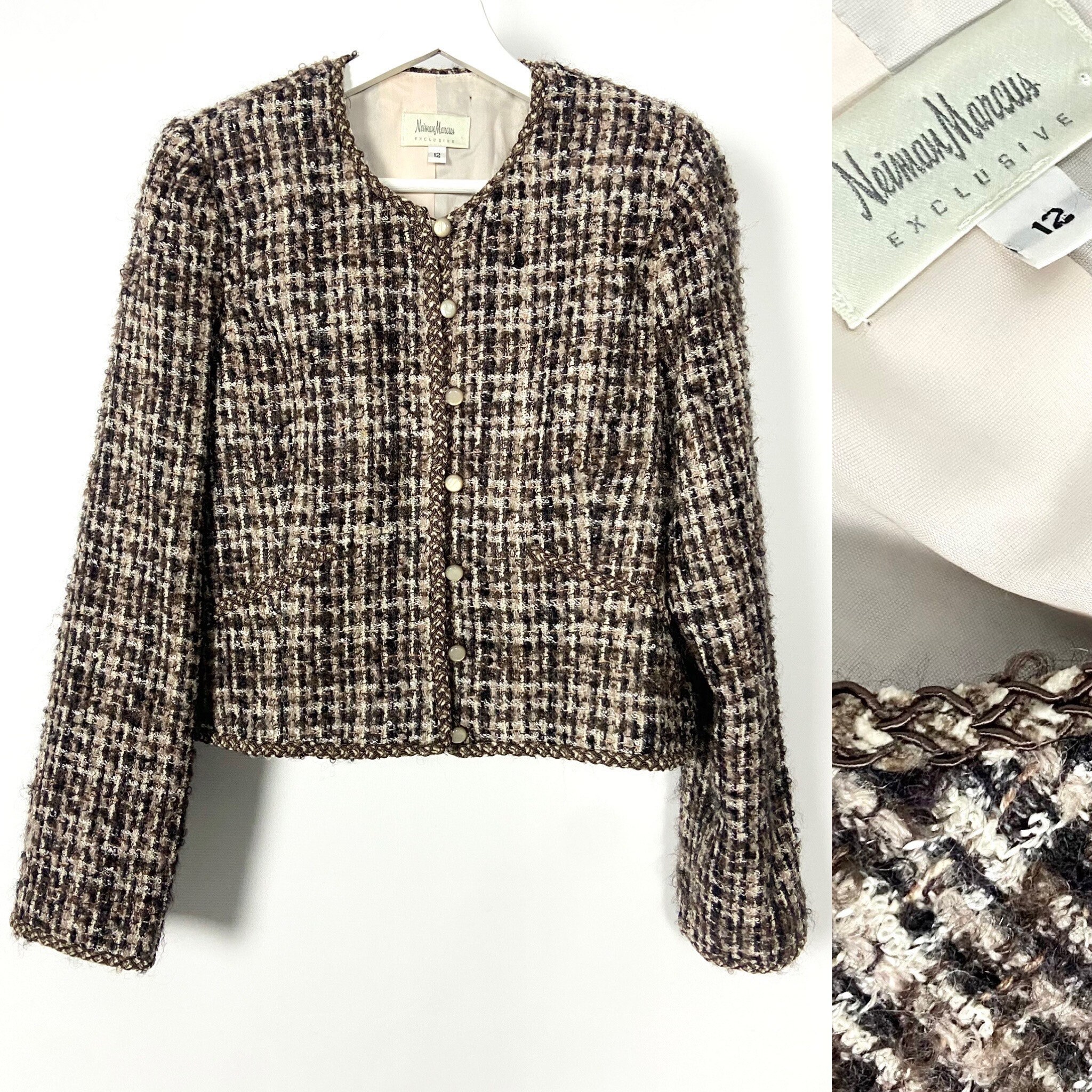 Chanel 08A Checked Metallic Tweed Jacket Black/Cream/Gold Size 36