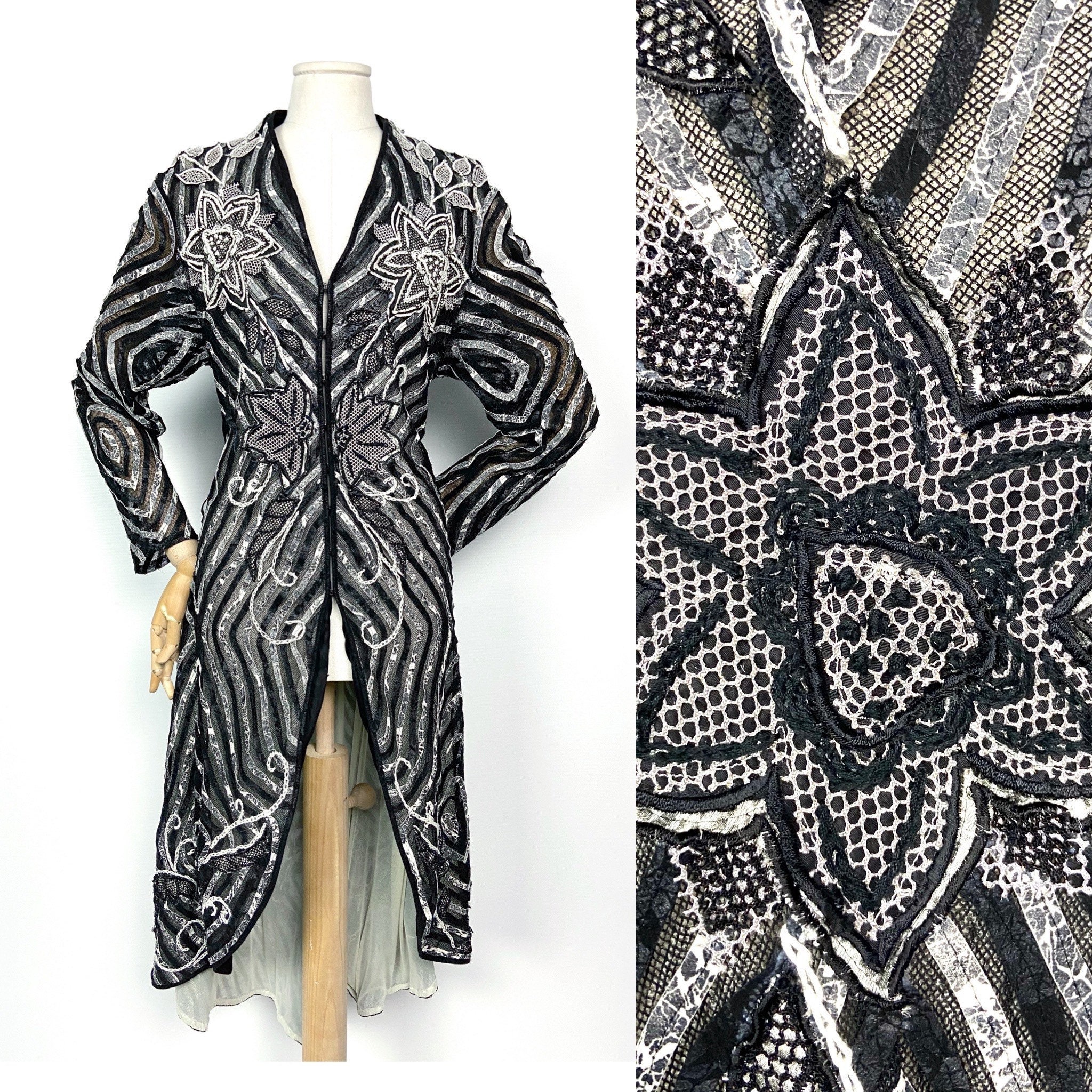 Image of Black & White Figure Hugging Party Dress. Modern House Coat Geometric Pattern Dress With Floral Embroidery. Uk