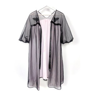Vintage 60s black night coat by Kayser. Black sheer peignoir with 3/4 balloon sleeves. Retro nightwear. Seductive sheer robe. 36”