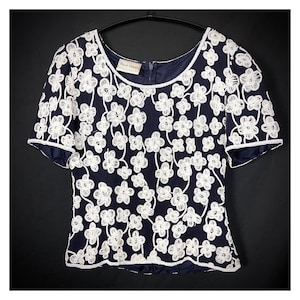 80s vintage short sleeve embellished floral top by Frank Usher. Vintage embroidered evening blouse. Sparkly top. S 8UK