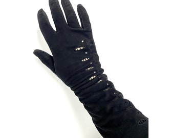 Nina Ricci Paris black evening gloves. Black suede embroidered long gloves. Designer leather gloves. 7.5