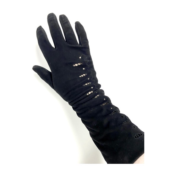 Nina Ricci Paris black evening gloves. Black suede