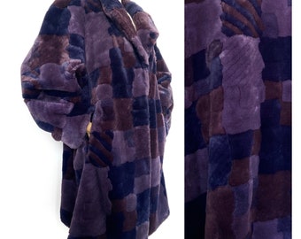 Vintage purple patchwork faux fur coat. Quirky retro artificial fur jacket. L 16UK