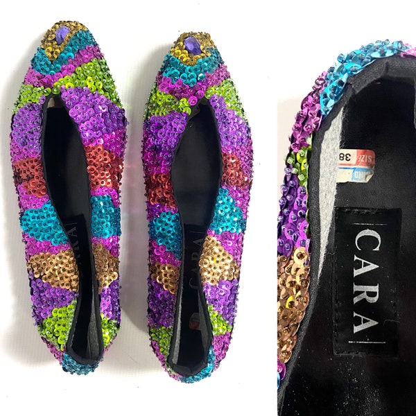 80s vintage sequinned pumps by Cara. Sparkly colourful embellished flats. 5UK 7US