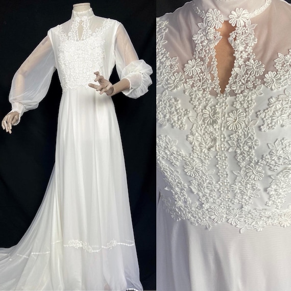 1970s vintage wedding dress with a train. Wedding