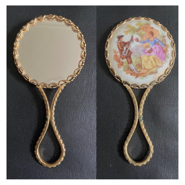 Vintage Fragonard Limoges handbag mirror. Ceramic miniature mirror. Ornate frame makeup mirror. Courting scene mirror.