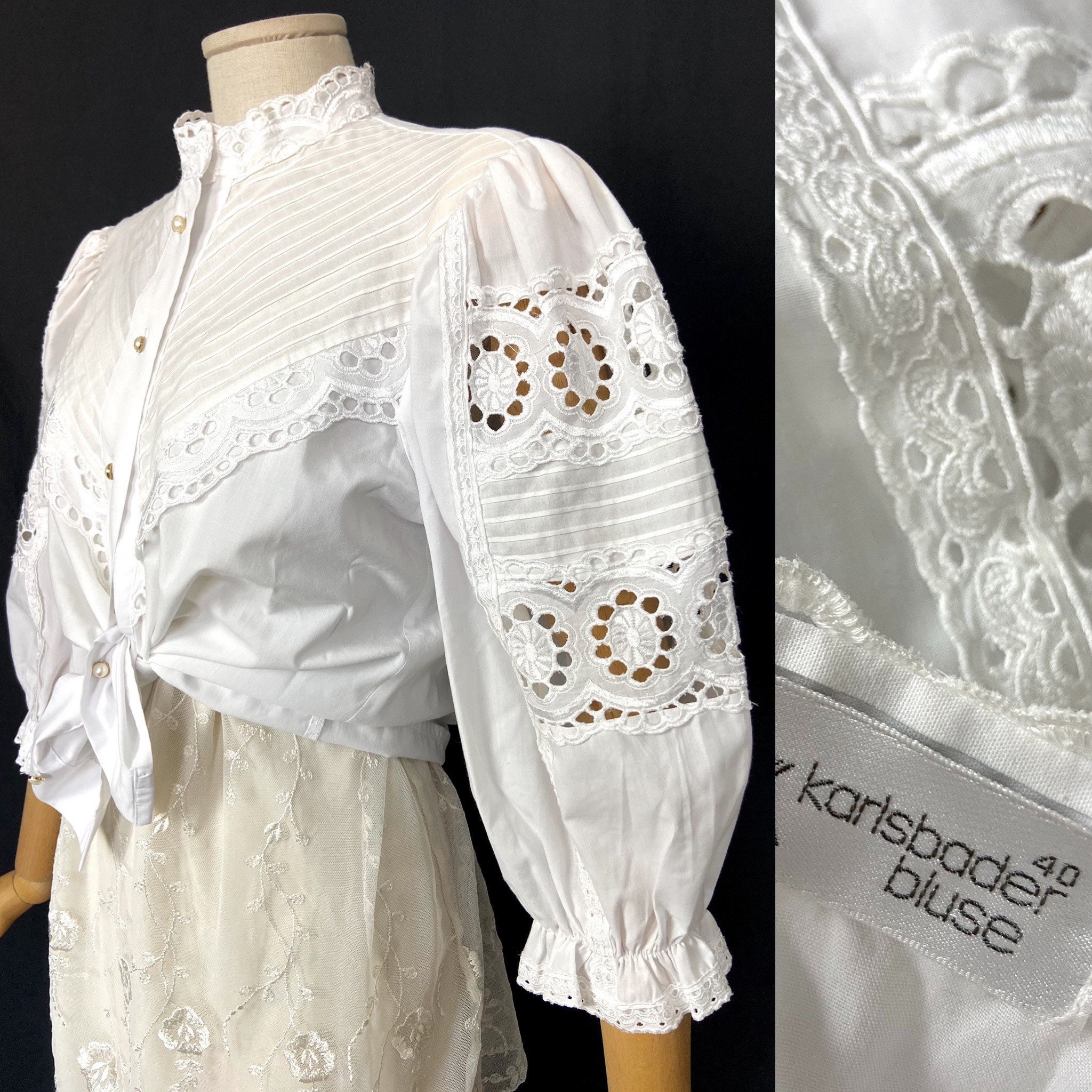 Goxozzy Chemisier Dirndl Pour Femme, Chemisier Dirndl En Dentelle, Col En V, Avec Décoration En Dentelle Fine (FR/ES, Numérique, 34, Taille Normale, Taille Normale, Blanc