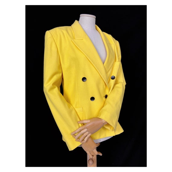 80s bright yellow double breasted blazer jacket b… - image 3