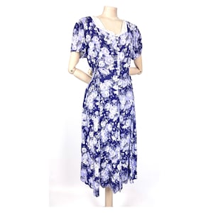80s vintage blue floral dress. Romantic cotton summer dress by Rene Derhy. 14UK M