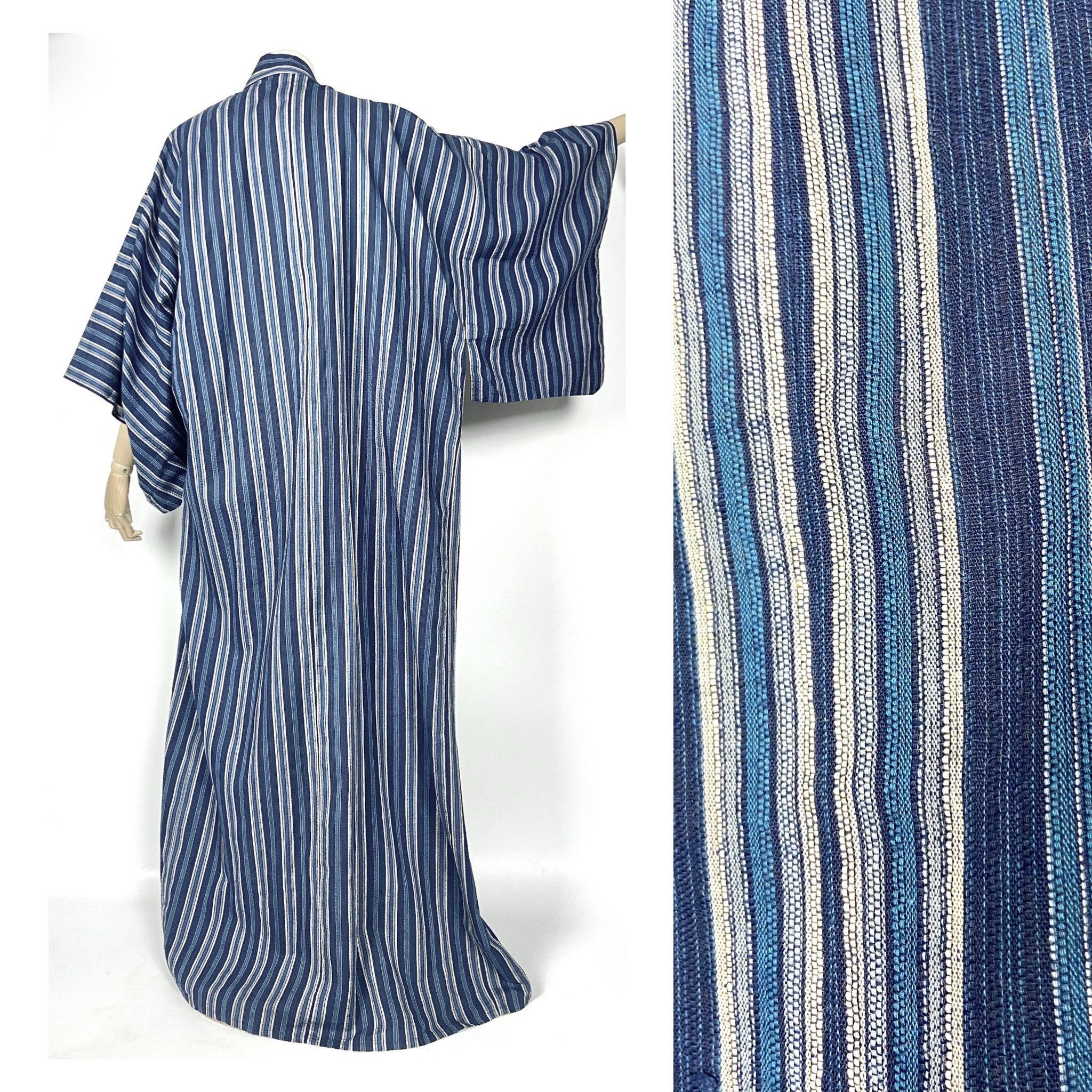 Image of Vintage 80's Striped Blue Kimono. Pure Ribbed Cotton. Bohemian Dandy Style Robe. Japanese Stripy House Coat. Gift For Him. 40/42"